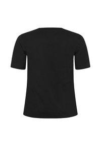 Czarny t-shirt krótki rękaw, wykonany z mieszanki bawełny, z okrągłym dekoltem i gładką teksturą. Widok z tyłu, bez grafik ani wzorów.