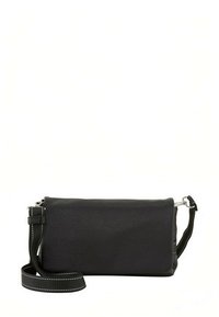 Melna ādas somiņa ar teksturētu virsmu, taisnstūra forma, rāvējslēdzēja aizdare un noņemams regulējams siksniņa ar izceltajām šuvēm.