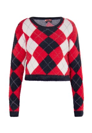 Roter, marineblauer und weißer Cropped-Pullover mit flauschiger Textur und Rautenmuster sowie langen Ärmeln. Rundhalsausschnitt ohne Verschlüsse.