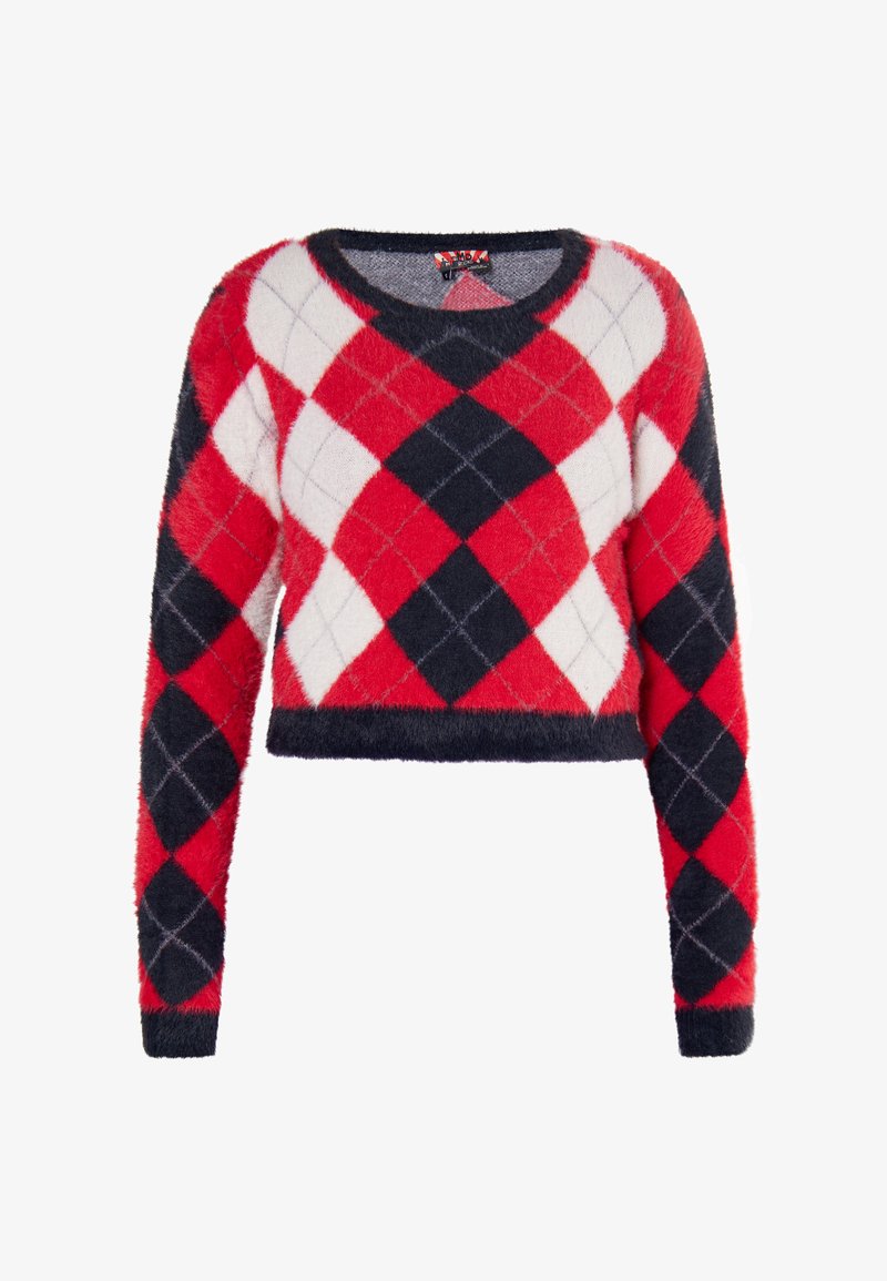 Czerwony, granatowy i biały krótki sweter z puszystą teksturą oraz wzorem w romby, z długimi rękawami. Okrągły dekolt bez zapięć.