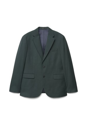 Blazer homme vert foncé avec deux boutons, revers crantés et poches avant à rabat, présenté sur fond blanc.