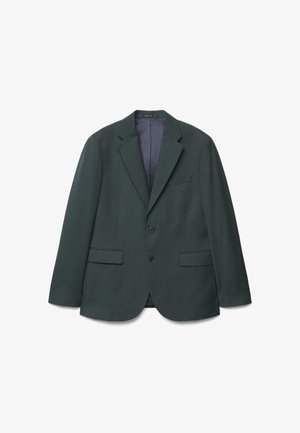 Blazer homme vert foncé avec deux boutons, revers crantés et poches avant à rabat, présenté sur fond blanc.