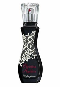 Svart parfymflaska med spetsdesign och ett klart, facetterat lock. Har röda accenter och en silver spraymunstycke. Texten visar "Christina Aguilera Unforgettable."