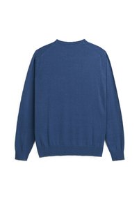 Maglione blu lavorato a maglia con scollatura rotonda, polsini e orlo a coste. Presenta un tessuto liscio e testurizzato e un design con spalle raglan.