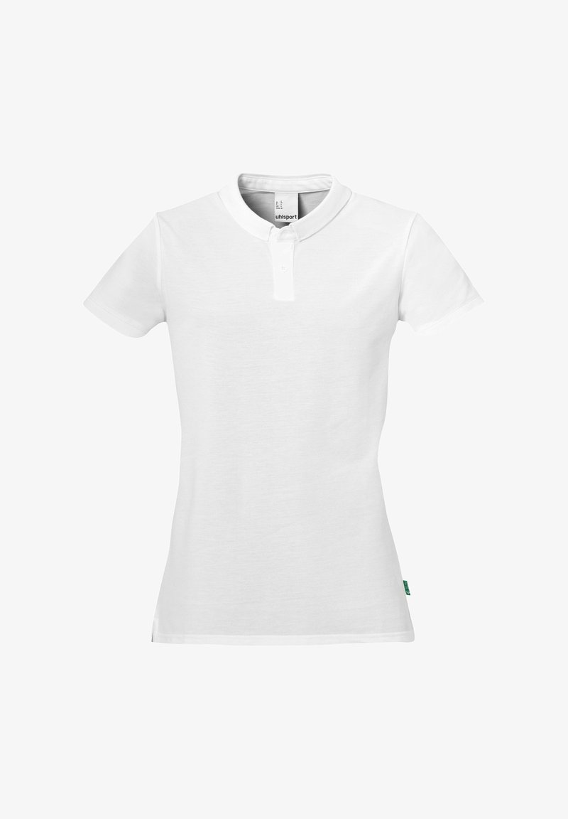 Witte polo-shirt van katoen, met een kraag, korte mouwen en een knoopsluiting; inclusief een klein groen label aan de zoom.