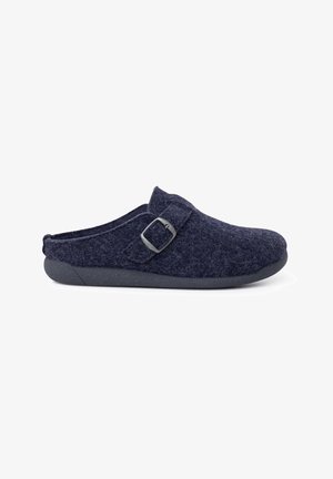 Navy felt clogs with a synthetic sole, featuring a side buckle and a rounded toe design, providing a cozy and casual look.