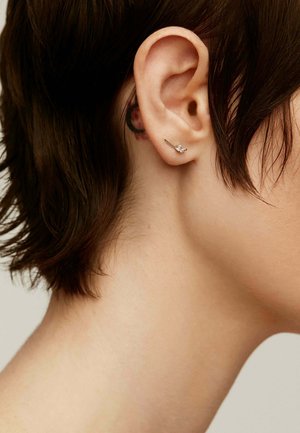 Pendiente de oreja de plata con un diseño curvado y un pequeño detalle de gema clara, llevado en el borde exterior de un peinado corto.