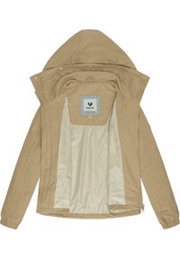 Beige lättviktsjacka med huva, med en slät innerfoder, framdragkedja och tryckknappslås. Märkesetikett inuti.