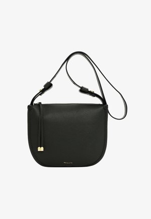 Borsa a tracolla nera in pelle con superficie texturizzata, forma arrotondata, cinturino sottile e regolabile, e dettagli in metallo color oro. Chiusura con zip.