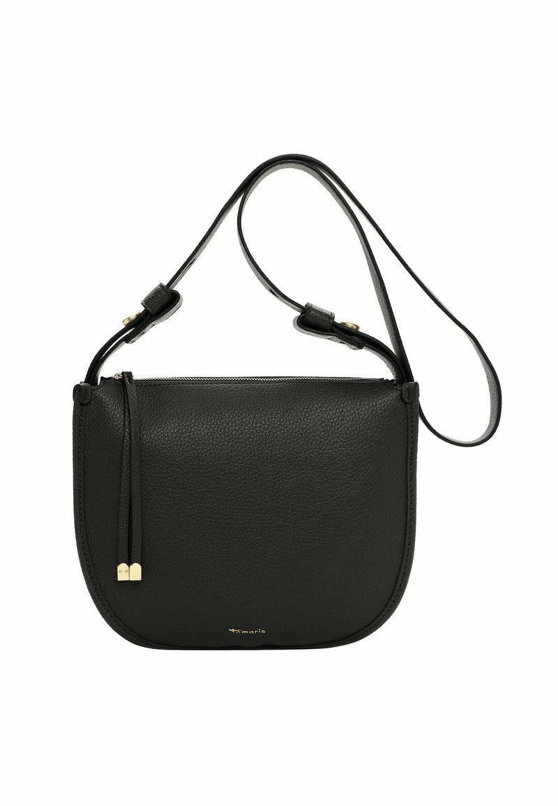 Borsa a tracolla nera in pelle con superficie texturizzata, forma arrotondata, cinturino sottile e regolabile, e dettagli in metallo color oro. Chiusura con zip.
