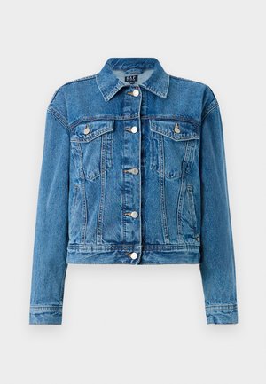 Veste en denim bleu avec fermeture à boutons, deux poches poitrine à boutons, poches latérales, manches longues et col classique.