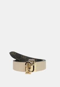 Cintura in pelle con un esterno crema, fibbia dorata e un interno nero caratterizzato da un motivo con logo, design sottile e liscio.