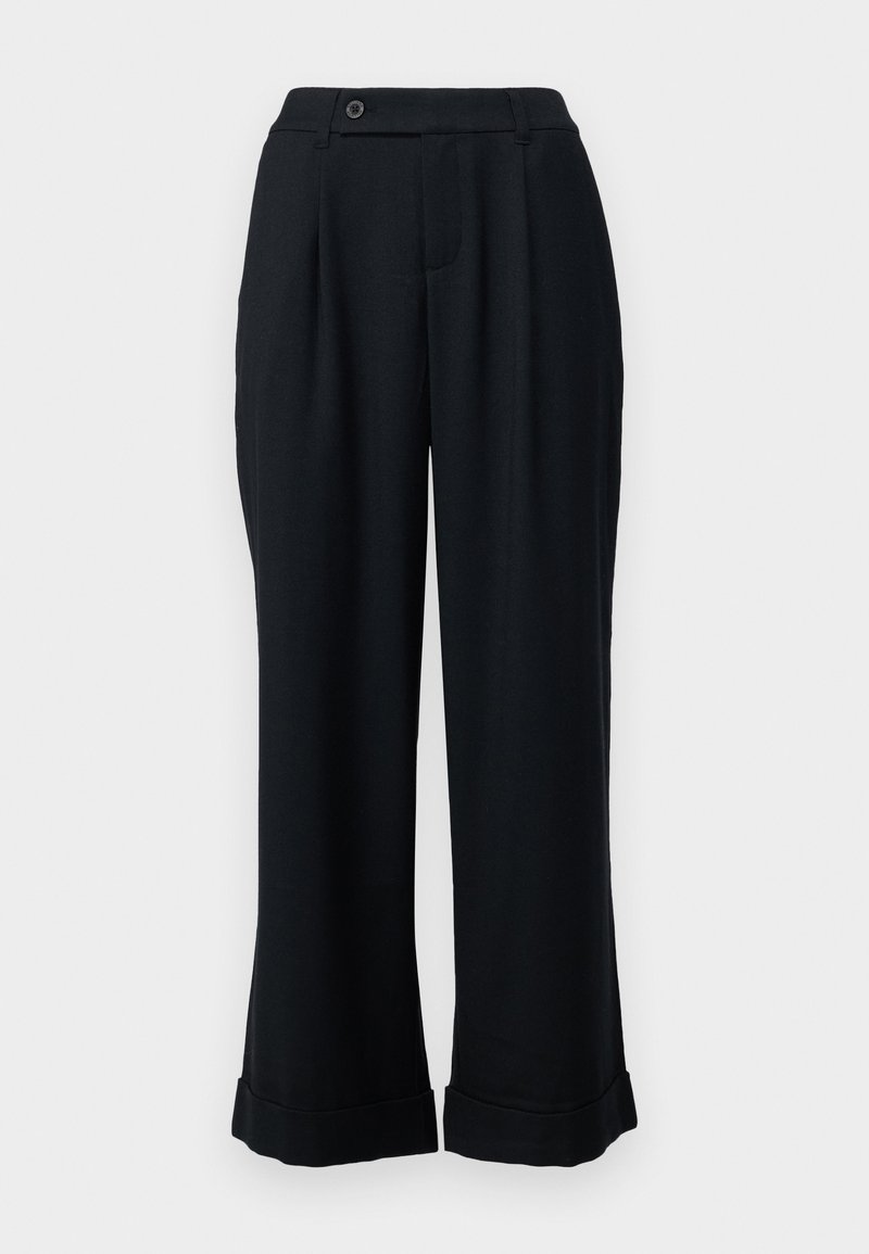 Pantalones de pierna ancha negros con una cintura alta, que presentan pliegues frontales, un cierre de botón y puños doblados para un detalle adicional. Textura de tela suave.