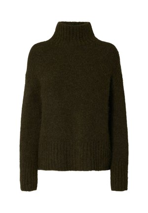 Dunkelgrüner Wollpullover mit Stehkragen und gerippter Textur, mit langen Ärmeln und engerem Saum. Das Design ist lässig und oversized.