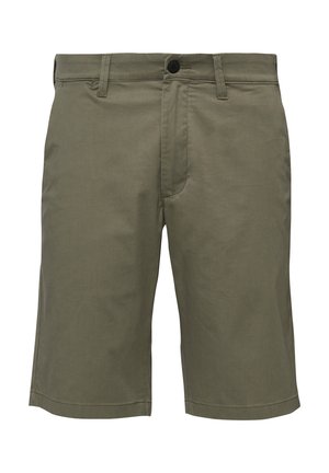 Kniehohe Herren-Shorts in Olivgrün mit Gürtelschlaufen, vorderem Knopf- und Reißverschluss.