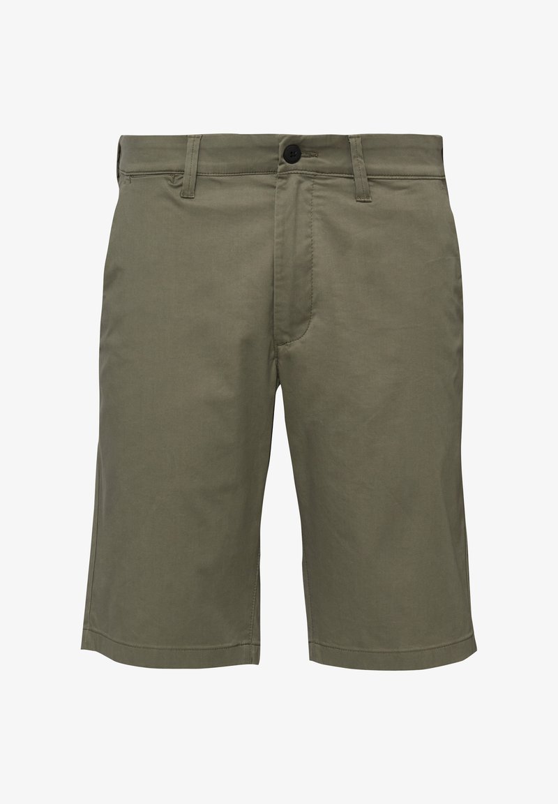 Shorts pour hommes longueur genou de couleur vert olive avec passants pour ceinture, bouton frontal et fermeture éclair.