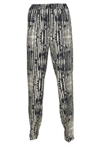 Černobílé vzorované kalhoty s uvolněným střihem, které mají vertikální pruhy a elastický pas. Lehce materiál.