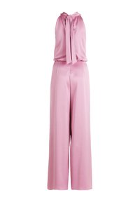 Roze mouwloze jumpsuit met een striksluiting op de rug, voorzien van een brede broekspijpen en een soepele, lichte stof.