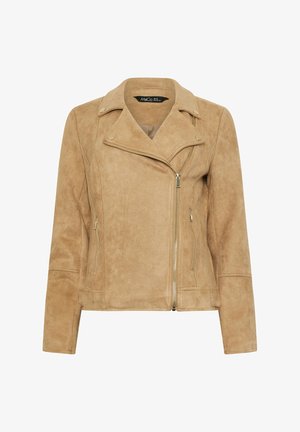 Beige suède bikerjack met asymmetrische ritssluiting aan de voorkant, twee ritssluiting-zijzakken, brede revers en drukknopdetails op de kraag.