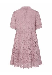 Pink eyelet dress with short puff sleeves, scalloped hem, and intricate laser-cut floral patterns throughout. Round neckline at the back.