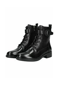 Botas de tobillo de cuero negro con punta redondeada, parte delantera con cordones, cierre de cremallera, hebilla decorativa y acentos texturizados. Tacón bajo en bloque.