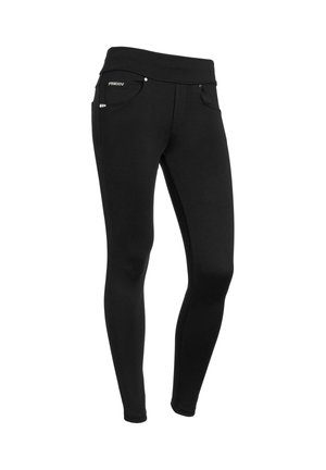 Mustat leggingsit joustavasta kankaasta, joissa on joustava vyötärönauha, kaksi etutaskua ja hopeanväriset yksityiskohdat.