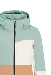 Kleurgebonden jack in lichtgroen, crèmekleur en tan. Heeft een capuchon, hoge kraag, volledige voorrits en verstelbare koorddetails.