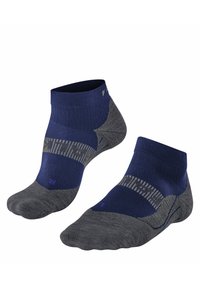 Calzini alla caviglia in un blu navy scuro e grigio con strisce testurizzate, dotati di un bordo a coste e punta rinforzata per una maggiore durata.