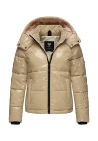 Beige pufferjack met een glanzende afwerking, afneembare capuchon, ritssluiting aan de voorkant en twee zijzakken. Gevoerd met lichtroze stof.