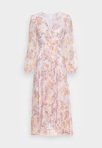 Blommig omlottklänning i lätt tyg med långa ärmar, V-ringning och en volangkjol med persika- och lavendelfärgade blomstermönster.