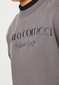 Szara bluza z prążkowanym kołnierzem, z niebieskim haftem "CARLO COLUCCI Milano 1978" z przodu. Miękka w dotyku.