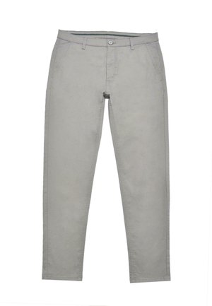 Světlé šedé bavlněné chinos kalhoty se střihovým designem rovného nohavice, s bočními kapsami, jedním předním knoflíkem a diskrétními švy.