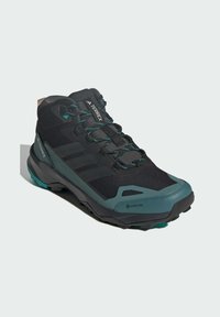 Schwarze Wanderschuhe mit türkisfarbenen Akzenten, GORE-TEX-Material, Schnürdesign, strukturierte Gummisohle und verstärkter Zehenkappe für Langlebigkeit.