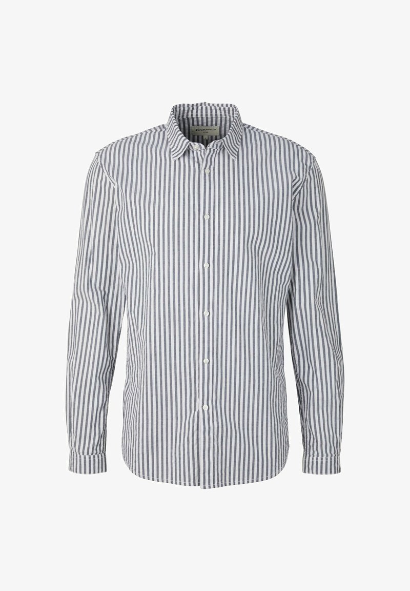 Camicia a righe bianca e navy, con colletto, maniche lunghe e design slim fit. Tessuto in cotone con una texture morbida.