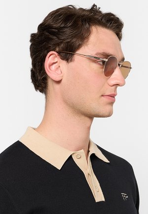 Giovane uomo con capelli corti e ricci che indossa occhiali da sole rotondi marroni e una camicia nera con colletto beige, rivolto verso destra su sfondo semplice.