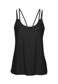 Zwarte tanktop met dunne bandjes, met een gestructureerd patroon van uitsneden en lijnen. Losvallend ontwerp met een gebogen zoom.