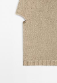 Beige knitted sleeveless top with a ribbed hem against a plain white background, showing the upper half and left side.