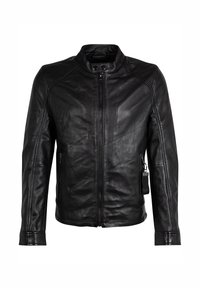 Schwarze Lederjacke mit Stehkragen, Reißverschluss und zwei seitlichen Taschen. Glatte Textur und minimalistisches Design mit dezenten Nähtendetails.