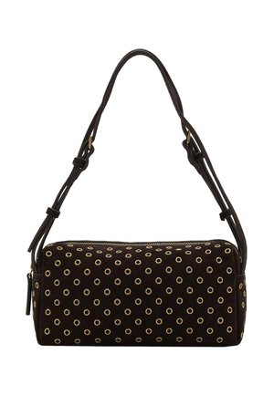 Black rectangular shoulder bag with gold eyelet studs and adjustable dual straps, zipper closure at the top.