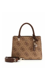 Sac à main marron à motifs avec deux poignées, doté d'une bandoulière amovible et de ferrures métalliques. Charm logo attaché. Design structuré.