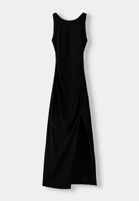 Abito nero senza maniche con taglio dritto, caratterizzato da uno spacco laterale, texture liscia e design minimalista.