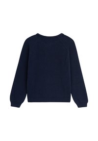 Marineblauer Strickpullover, gerippte Textur, Rundhalsausschnitt, leicht ballonförmige Ärmel, mit eingesetztem Nahtdetail an den Seiten.