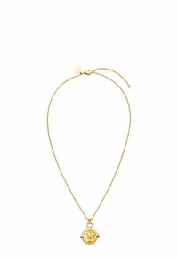 Goldene Halskette mit einer strukturierten Kette und einem runden Anhänger, der ein erhabenes dekoratives Design aufweist. Mit einem Verschluss gesichert und in der Länge verstellbar.