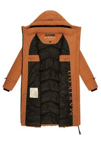 Padded orange coat with a black interior, featuring side pockets and a label. The coat has a hood and zipper closure. Text "MARIKOO" is visible.