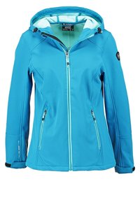 Lichtblauwe softshell jas met een capuchon, voorkant ritsluiting, twee zakken, zwarte accenten en een zachte binnenvoering voor comfort.