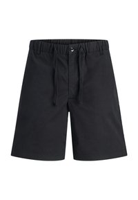 Schwarze Shorts mit elastischem Taillenbund, Kordelzug und Knopfschluss. Gefertigt aus glattem Stoff, mit geradem Schnitt und ohne Muster.