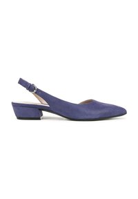 Paarse slingback schoen met een gestructureerde afwerking, spitse neus en een lage blokhak. Voorzien van een gespsluiting voor een verstelbare pasvorm.