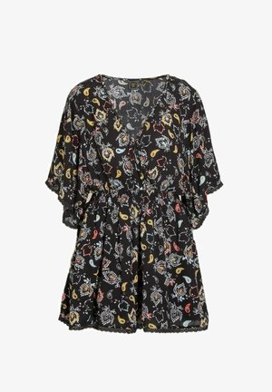 Svart blus med blommönster och korta ärmar, med V-ringning, elastisk midja och färgglada paisleymönster i rött, gult och blått.