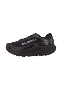 Chaussure de sport noire avec tige en maille, accents r�éfléchissants, semelle épaisse et motif de semelle texturé. Présente de manière évidente le logo 'MERRELL'.