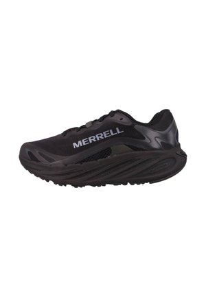 Schwarzer Sportschuh mit Mesh-Obermaterial, reflektierenden Akzenten, dicke Sohle und strukturiertem Profil. Merkmale das deutlich platzierte 'MERRELL'-Logo.